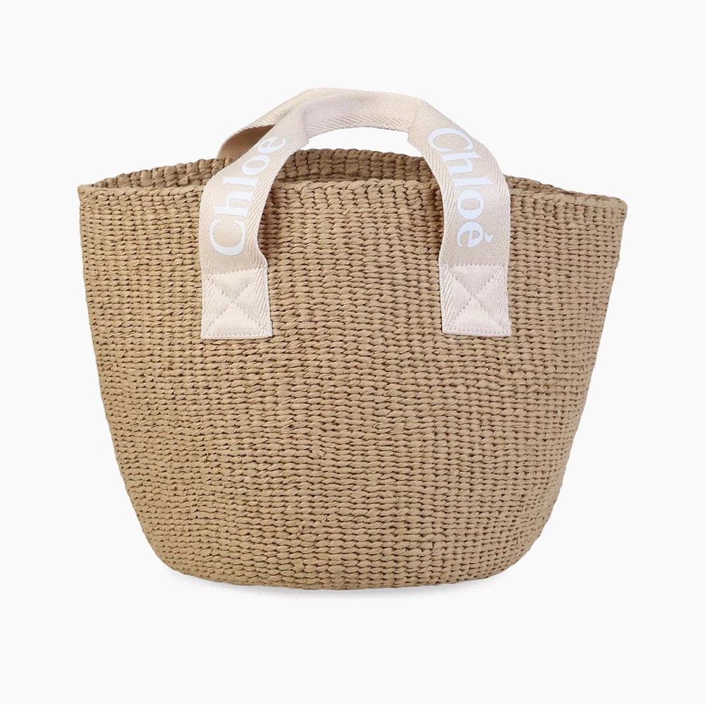 Chloé Natural Woven Tote with White Logo Handles